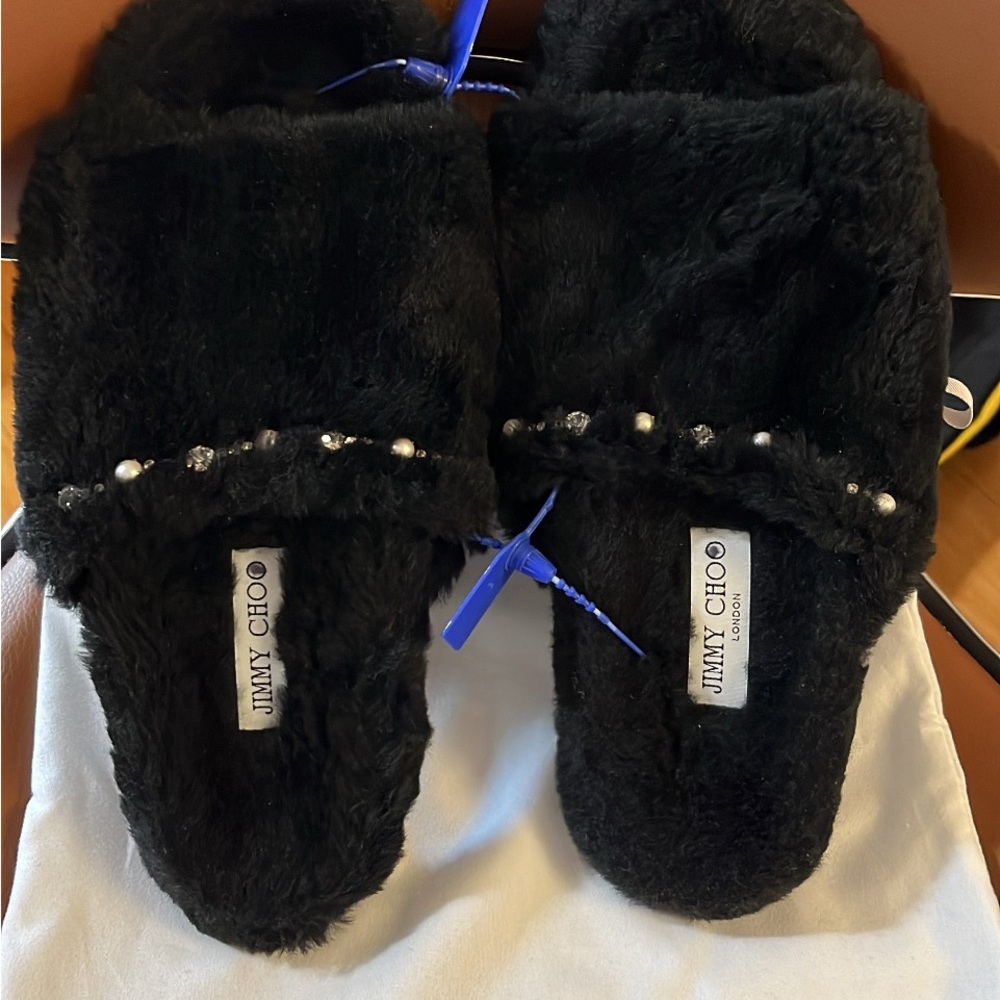 Jimmy Choo black fur slippers. Unisex